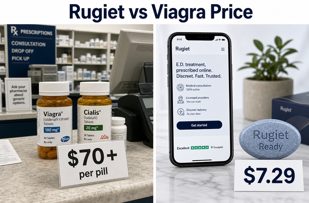 rugiet price 2 () split-panel image: left side shows a traditional pharmacy counter with Viagra and Cialis pill bottles and a price tag
