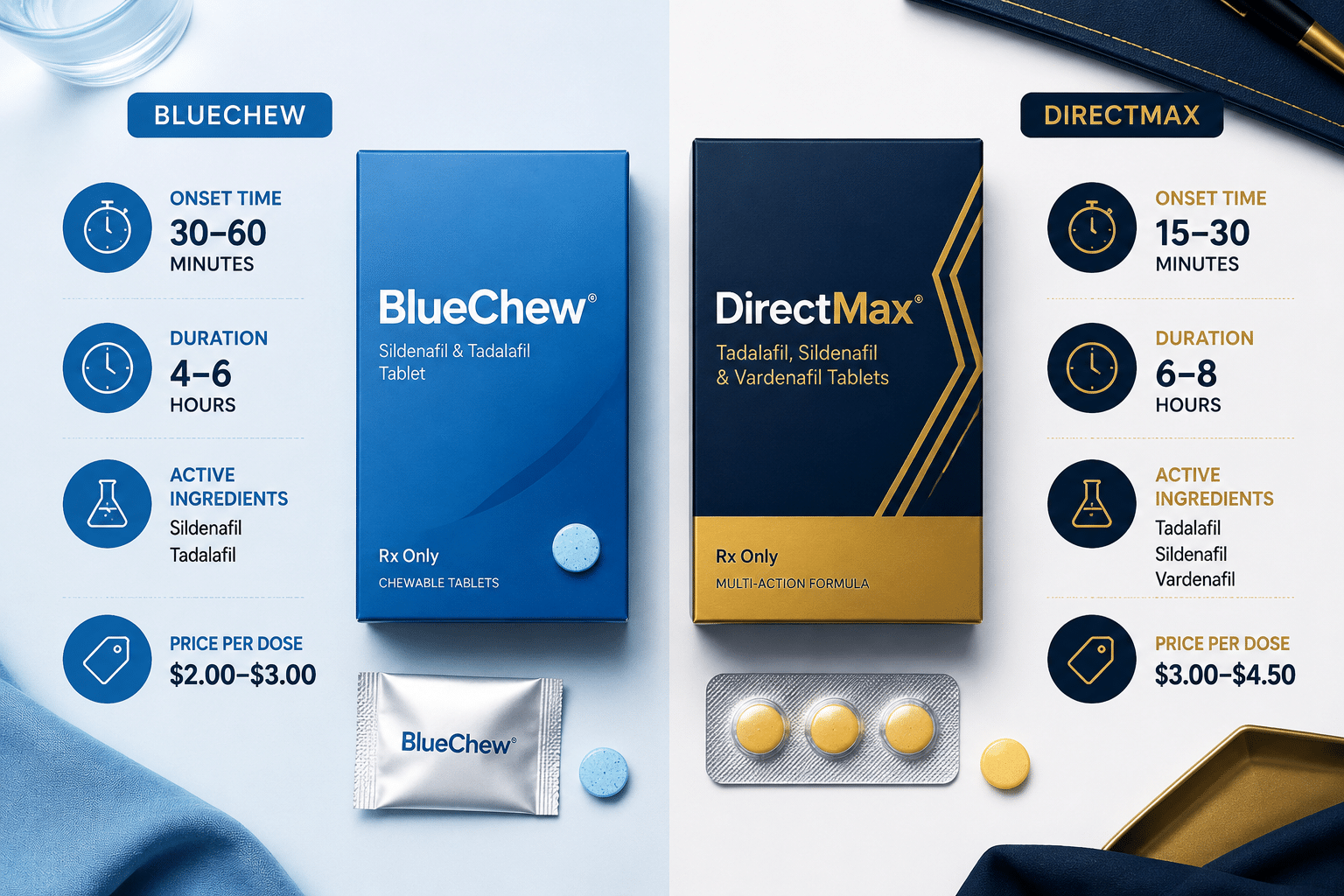 () split-screen comparison infographic showing two ED medication product boxes labeled BlueChew and DirectMax side by side