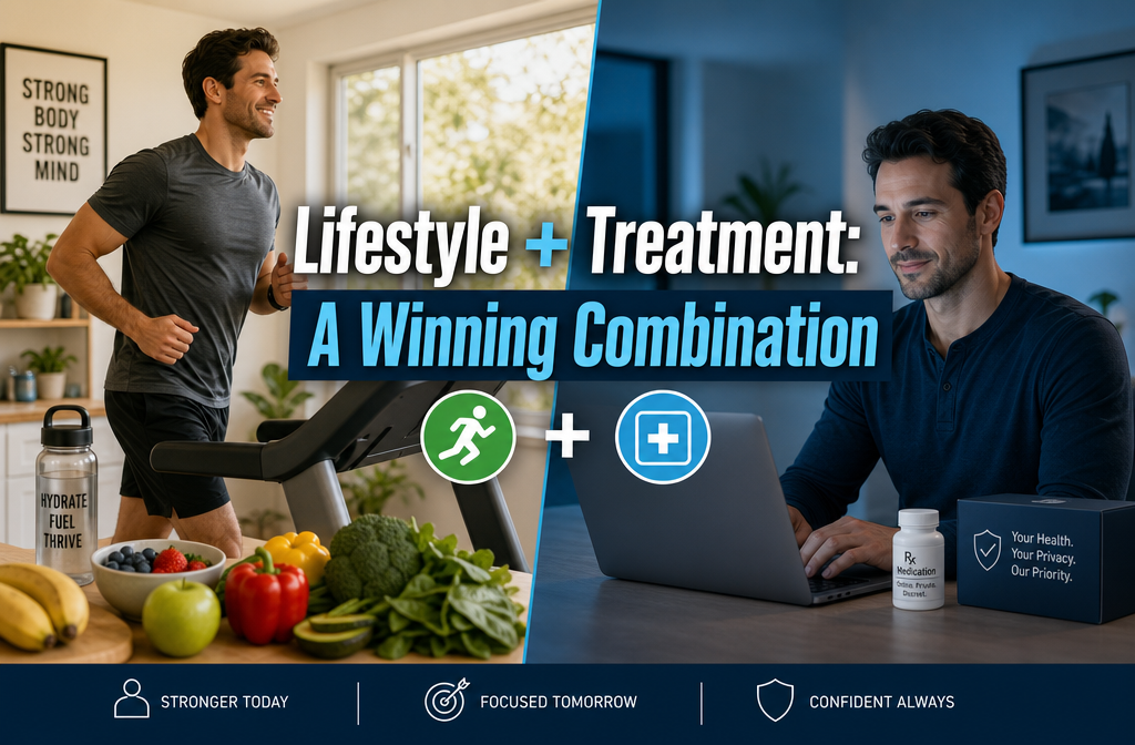 best way to treat erectile dysfunction 2 () split-screen lifestyle comparison image: left side shows a man exercising on a treadmill with healthy food on a counter,
