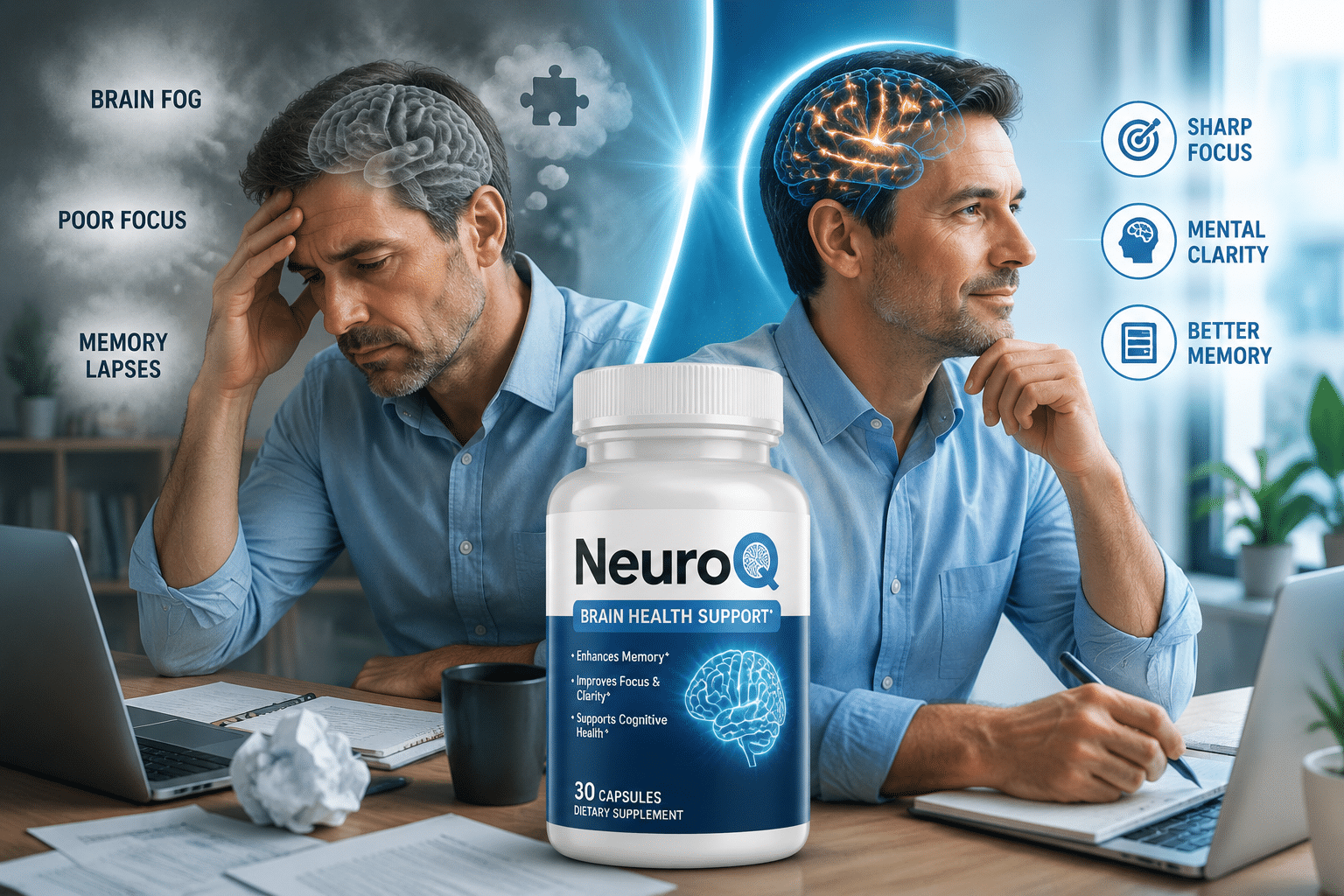 Neuroq memory & focus 2 Detailed () editorial illustration showing a split-scene: on the left, a frustrated middle-aged professional at a desk with