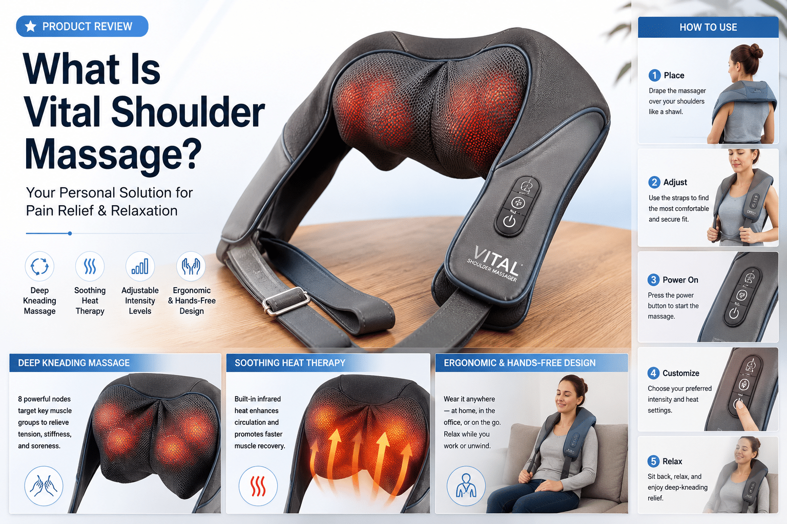 Detailed () image showing a close-up of the Vital Shoulder Massager device resting on a wooden surface, displaying its