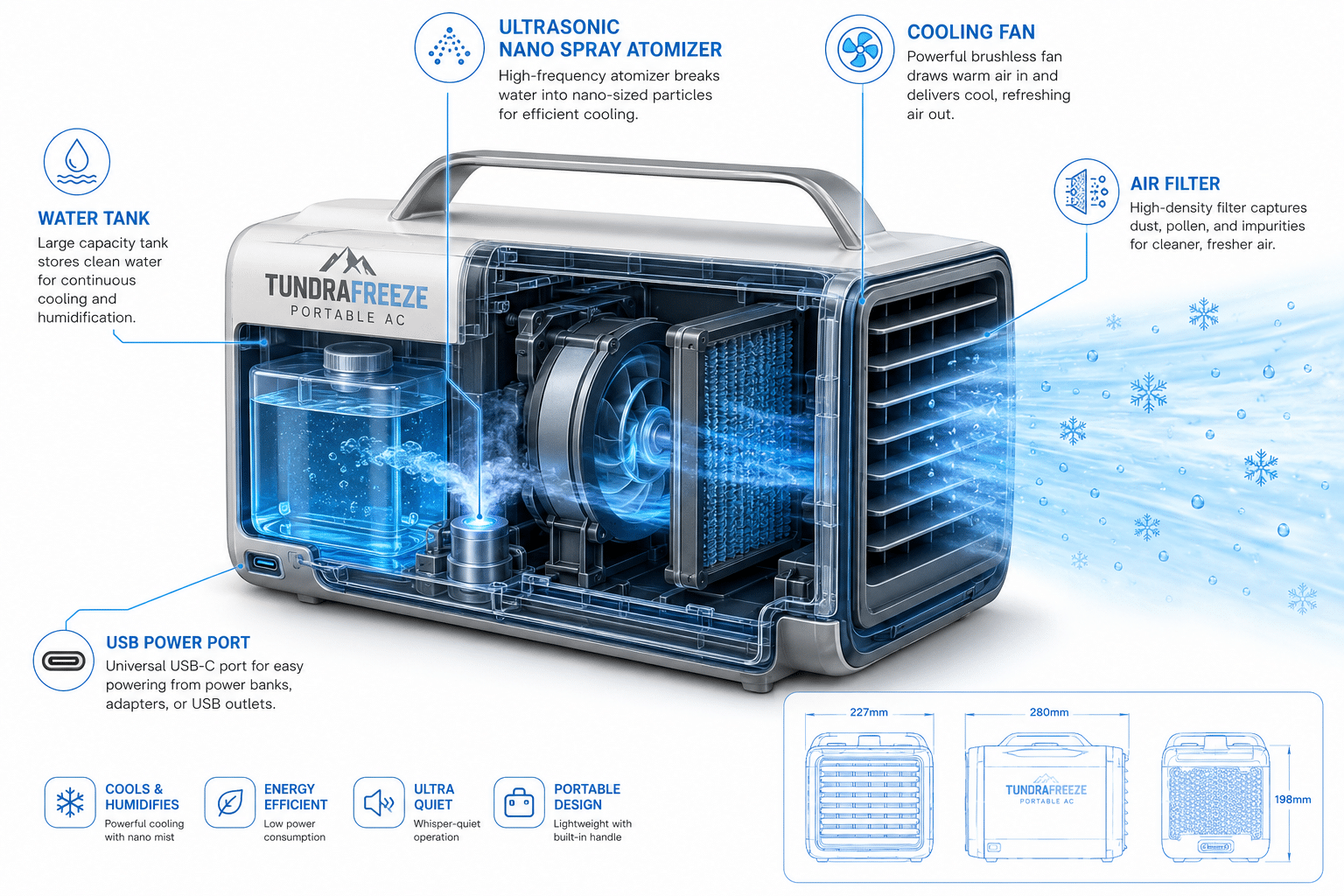 Detailed () infographic-style illustration showing cross-section diagram of TundraFreeze Portable AC unit with labeled