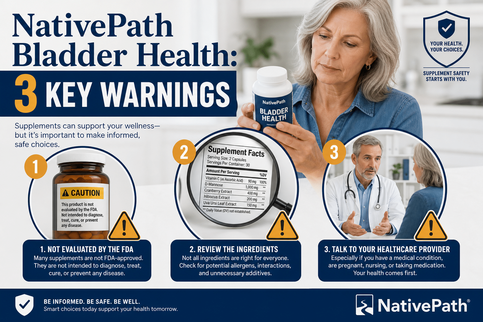 Detailed () informational graphic showing three warning symbols arranged horizontally with icons representing bladder health