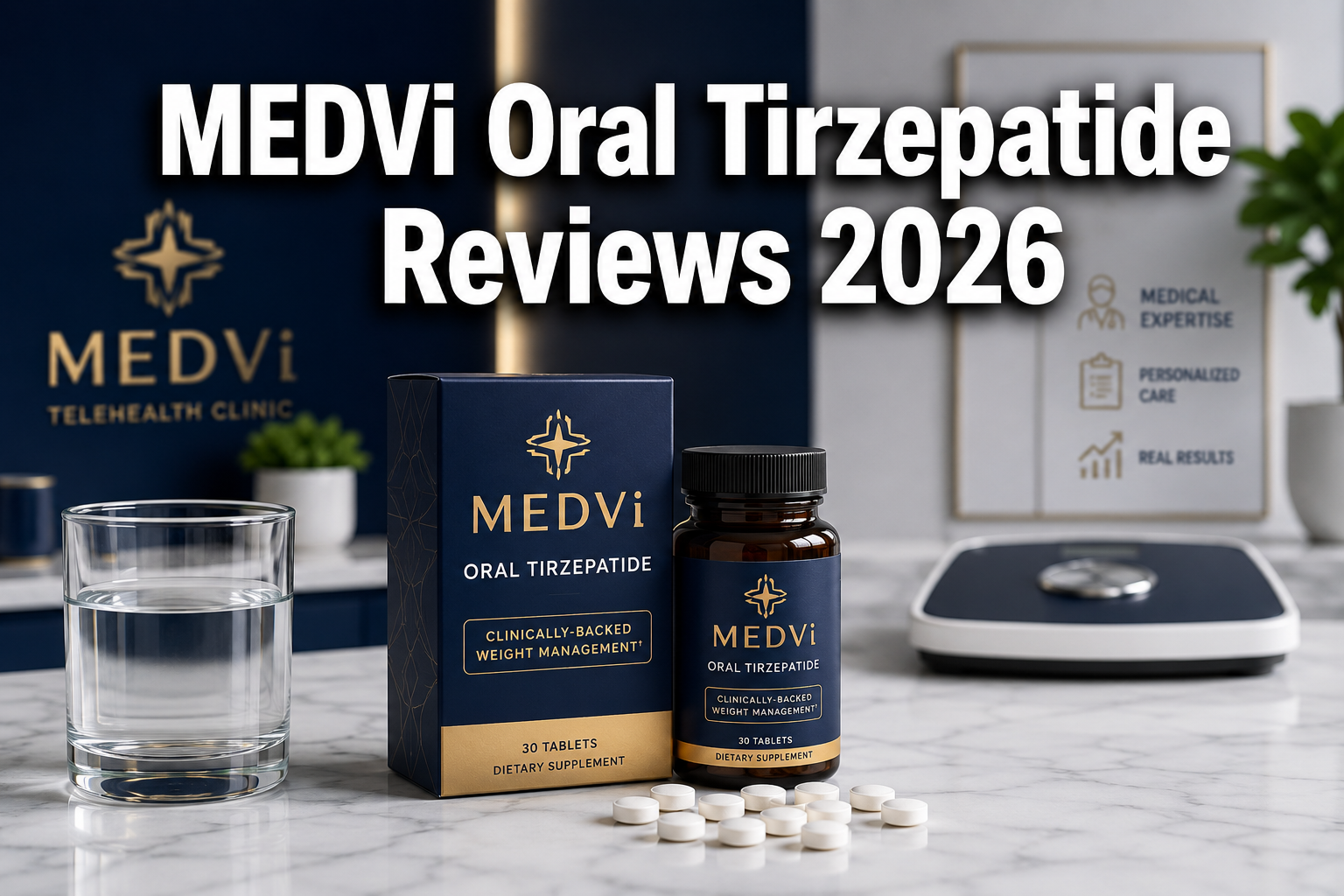 Professional () hero image featuring 'MEDVi Oral Tirzepatide Reviews 2026' in extra large white with deep effect, centered