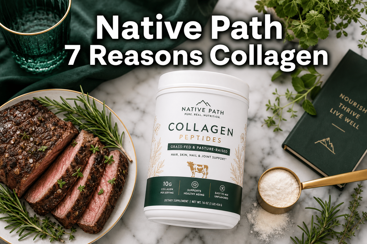 Professional () hero image featuring 'Native Path 7 Reasons Collagen' in extra large white with dark drop , centered in