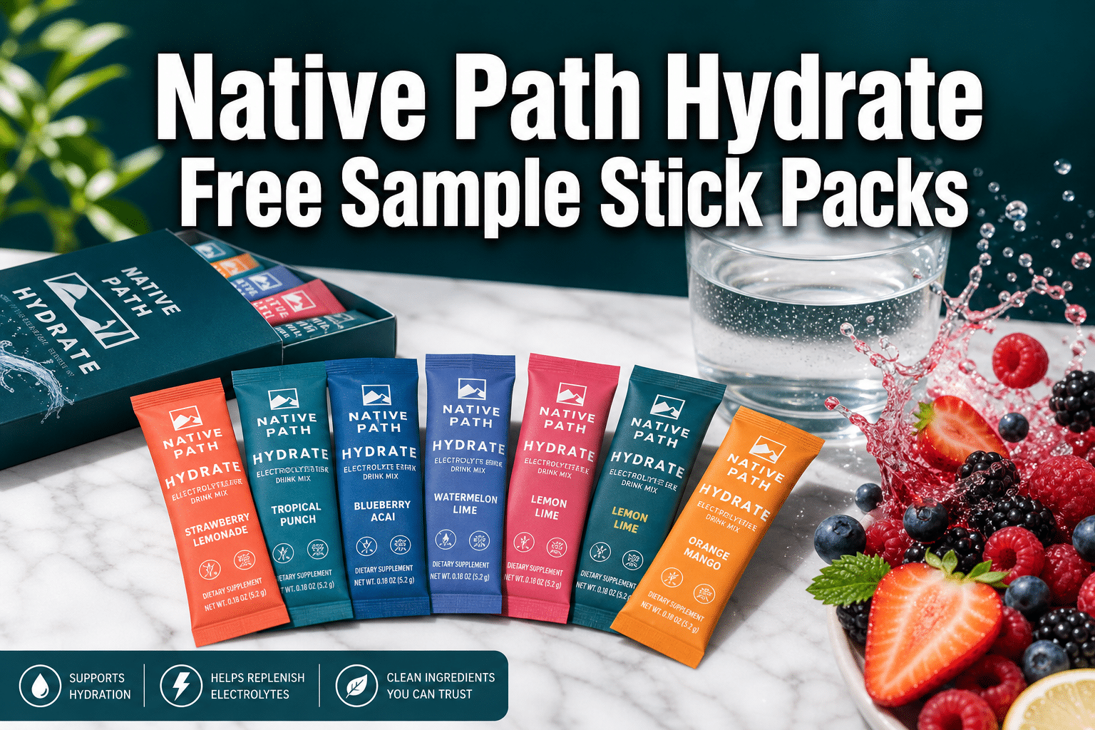 Professional () hero image featuring 'Native Path Hydrate Free Sample Stick Packs' in extra large white with deep effect,