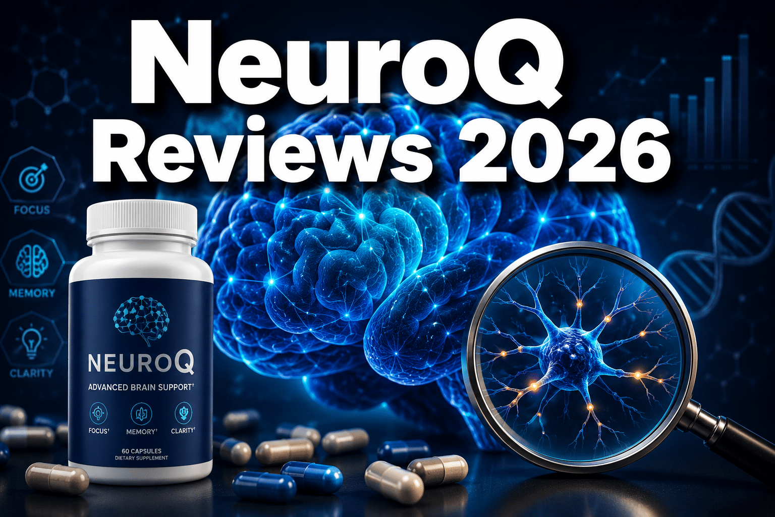 Professional () hero image featuring 'NeuroQ Reviews 2026' in extra large white with deep effect, centered in upper third.