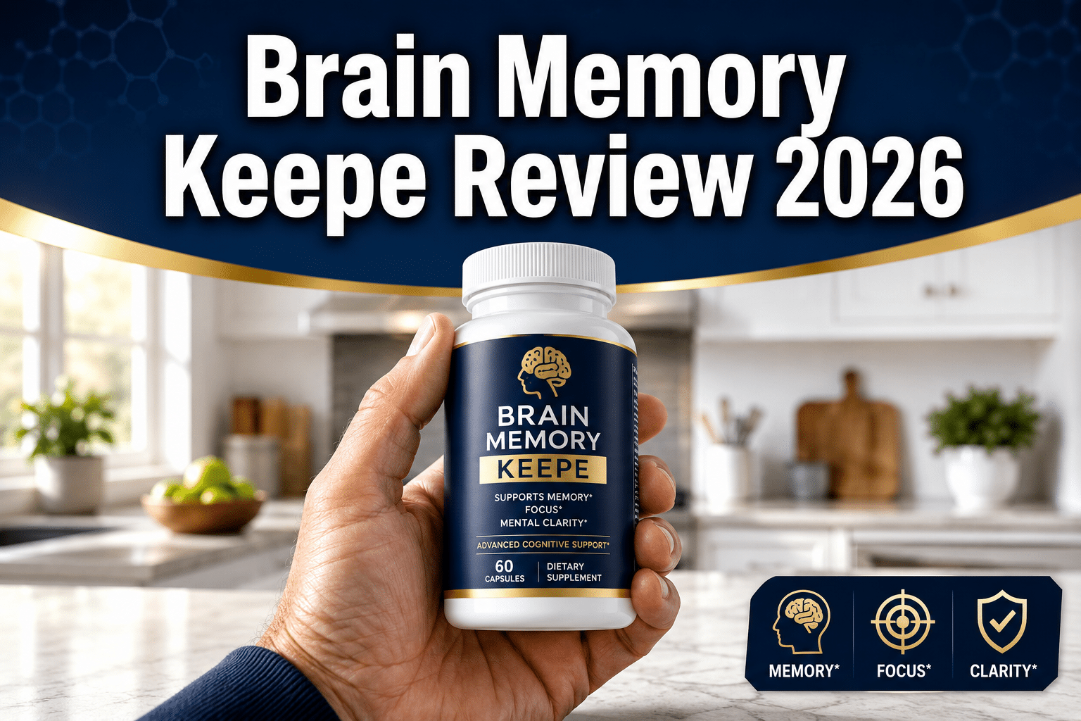 Professional () hero image with : 'Brain Memory Keepe Review 2026' in extra large white with dark drop , centered upper