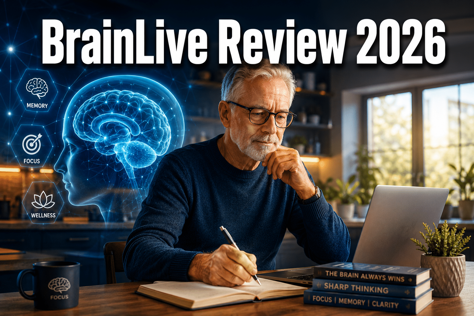 Professional () hero image with 'BrainLive Review 2026' in extra large white with dark drop , centered upper third.