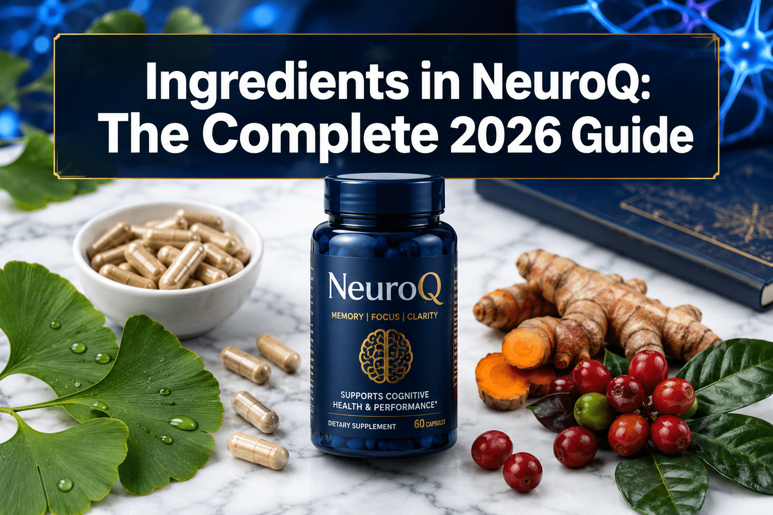 Professional () hero image with : 'Ingredients in NeuroQ: The Complete 2026 Guide' in extra large white with dark