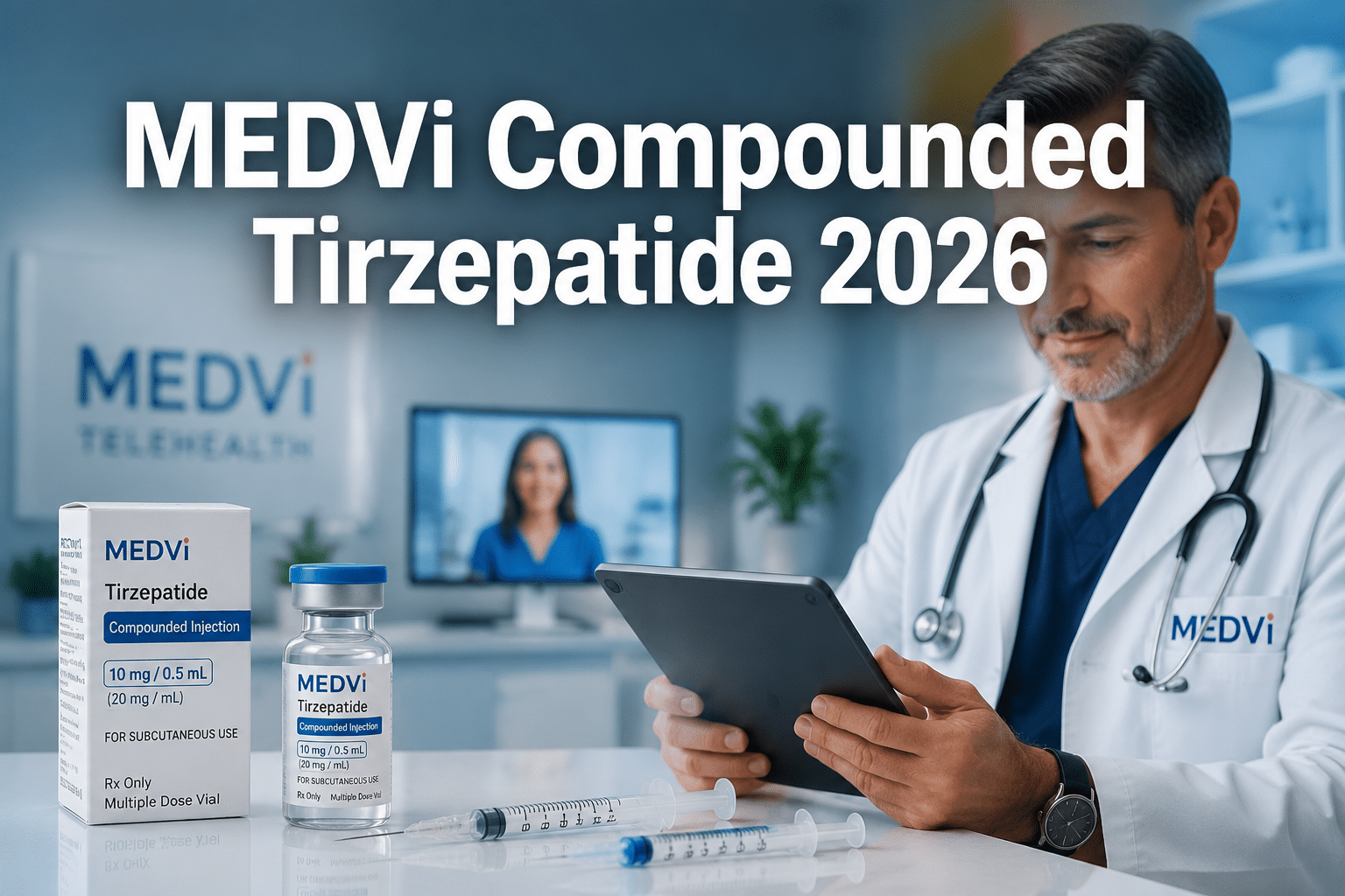 Professional () hero image with : 'MEDVi Compounded Tirzepatide 2026' in extra large white with dark drop , centered upper