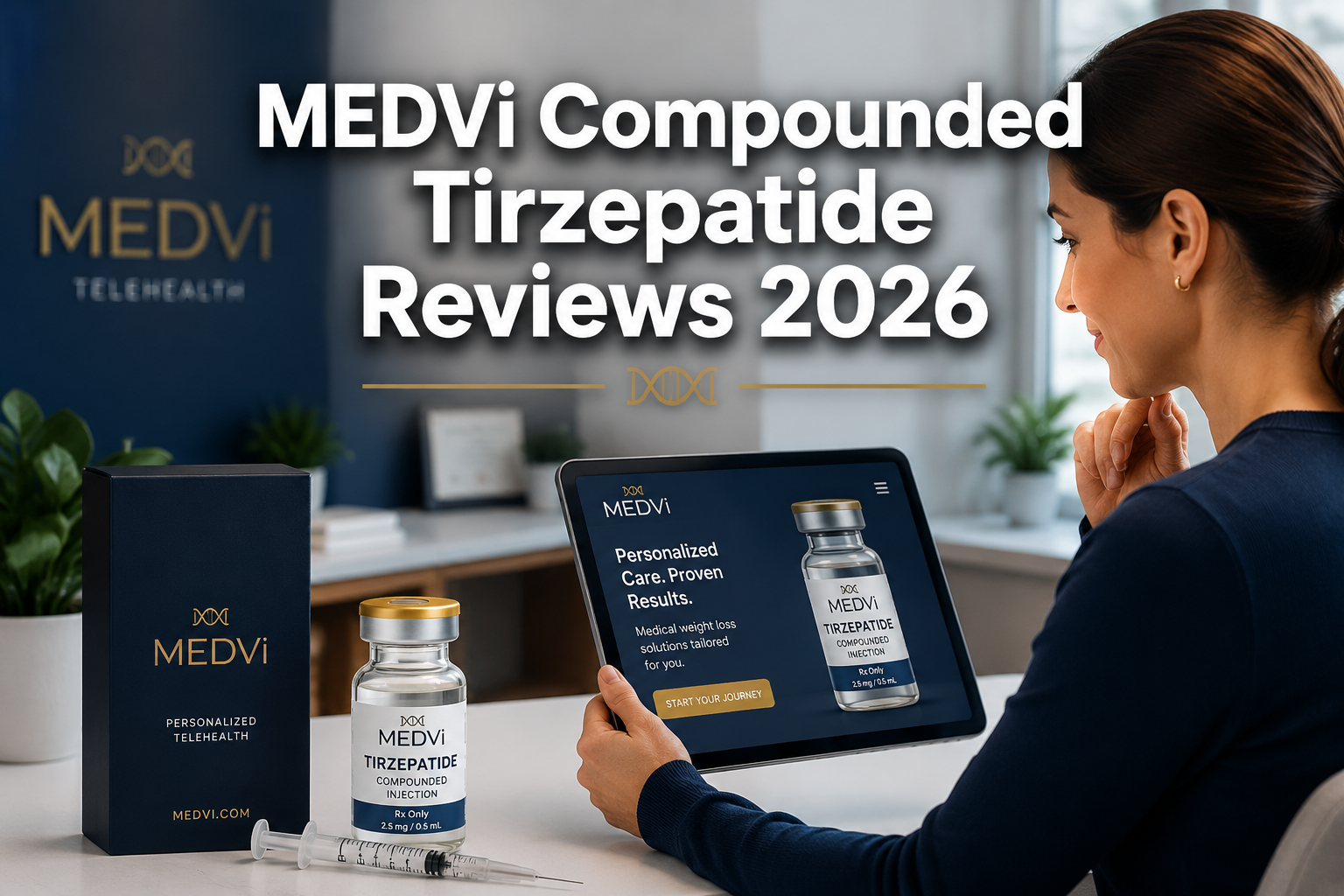 Professional () hero image with : 'MEDVi Compounded Tirzepatide Reviews 2026' in extra large white with dark drop , centered