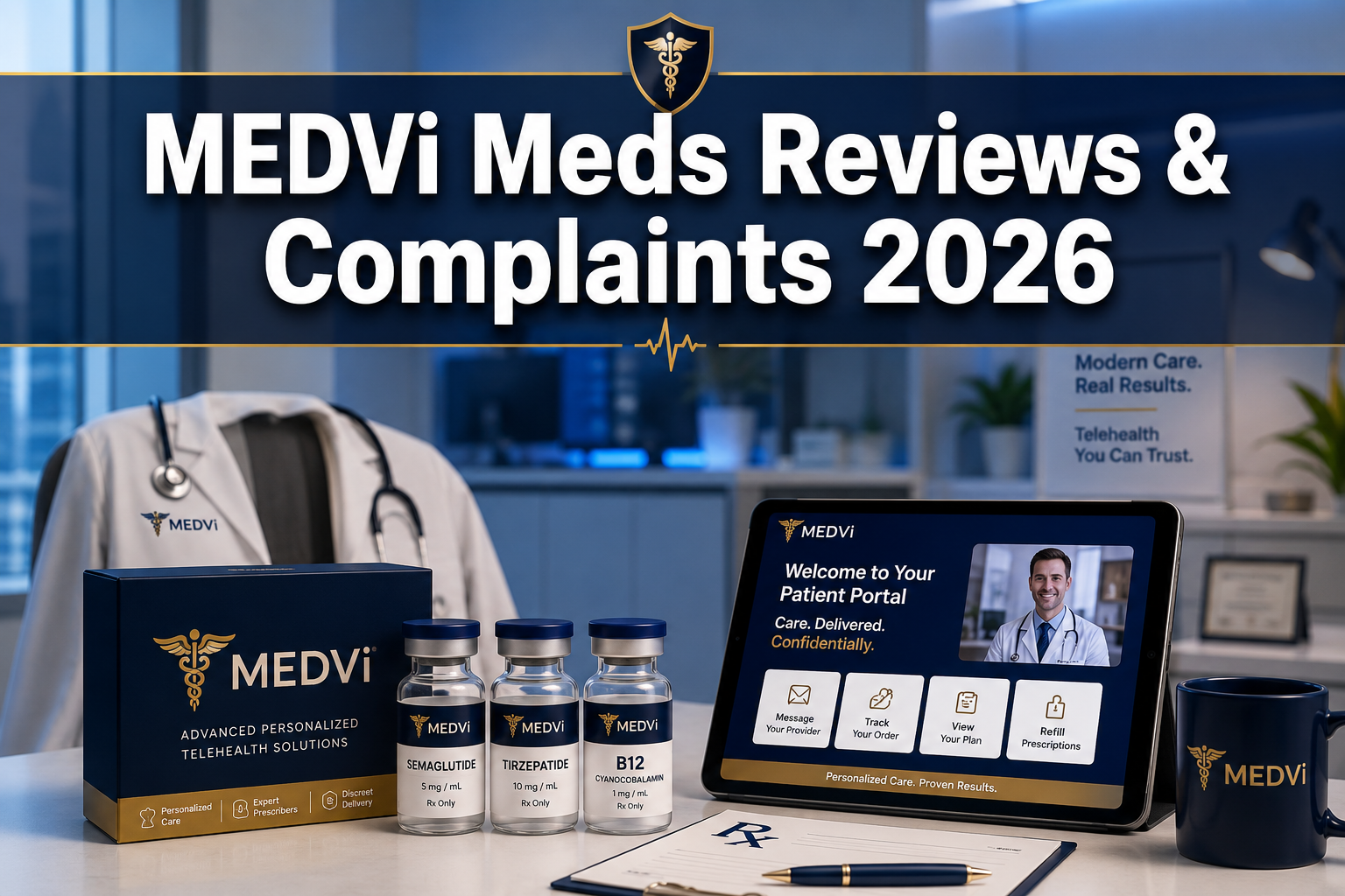 Professional () hero image with : 'MEDVi Meds Reviews & Complaints 2026' in extra large white with dark drop , centered in