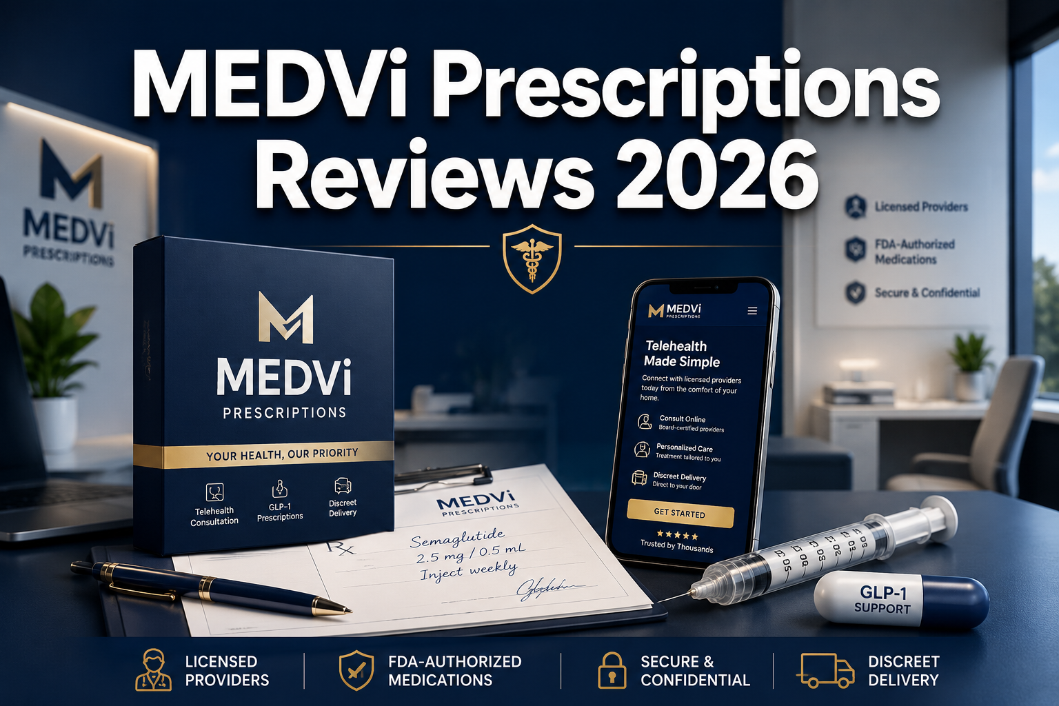 Professional () hero image with : 'MEDVi Prescriptions Reviews 2026' in extra large white with dark drop , centered in upper