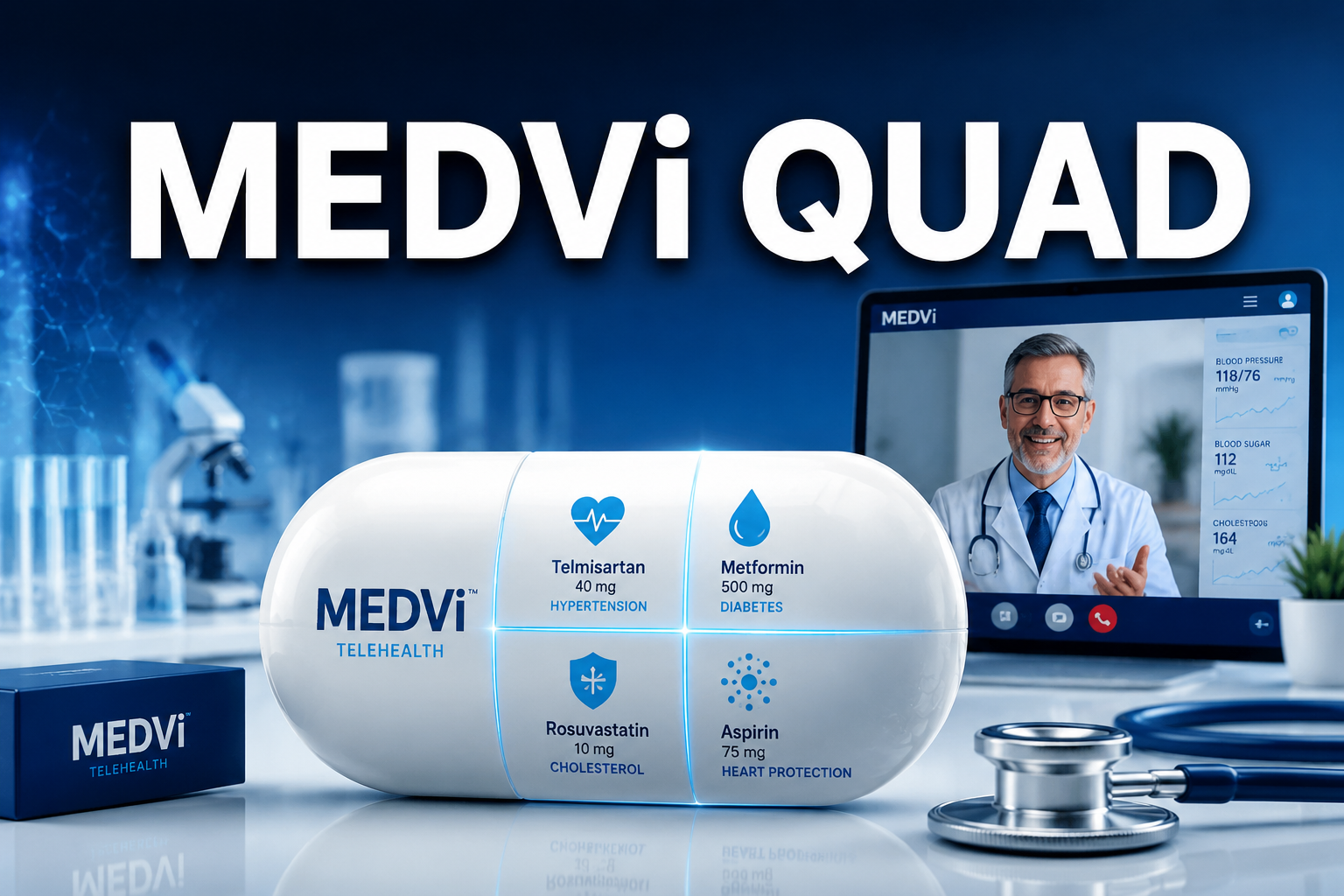 Professional () hero image with 'MEDVi QUAD' in extra large white with dark drop , centered in upper third. Background shows