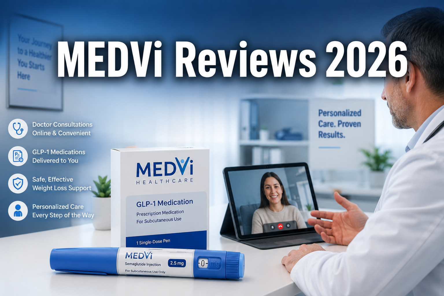 Professional () hero image with : 'MEDVi Reviews 2026' in extra large white with dark drop , centered upper third