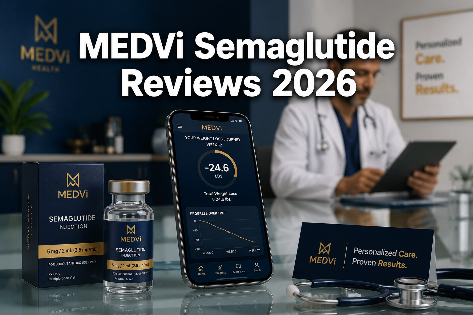 Professional () hero image with : 'MEDVi Semaglutide Reviews 2026' in extra large white with dark drop , centered