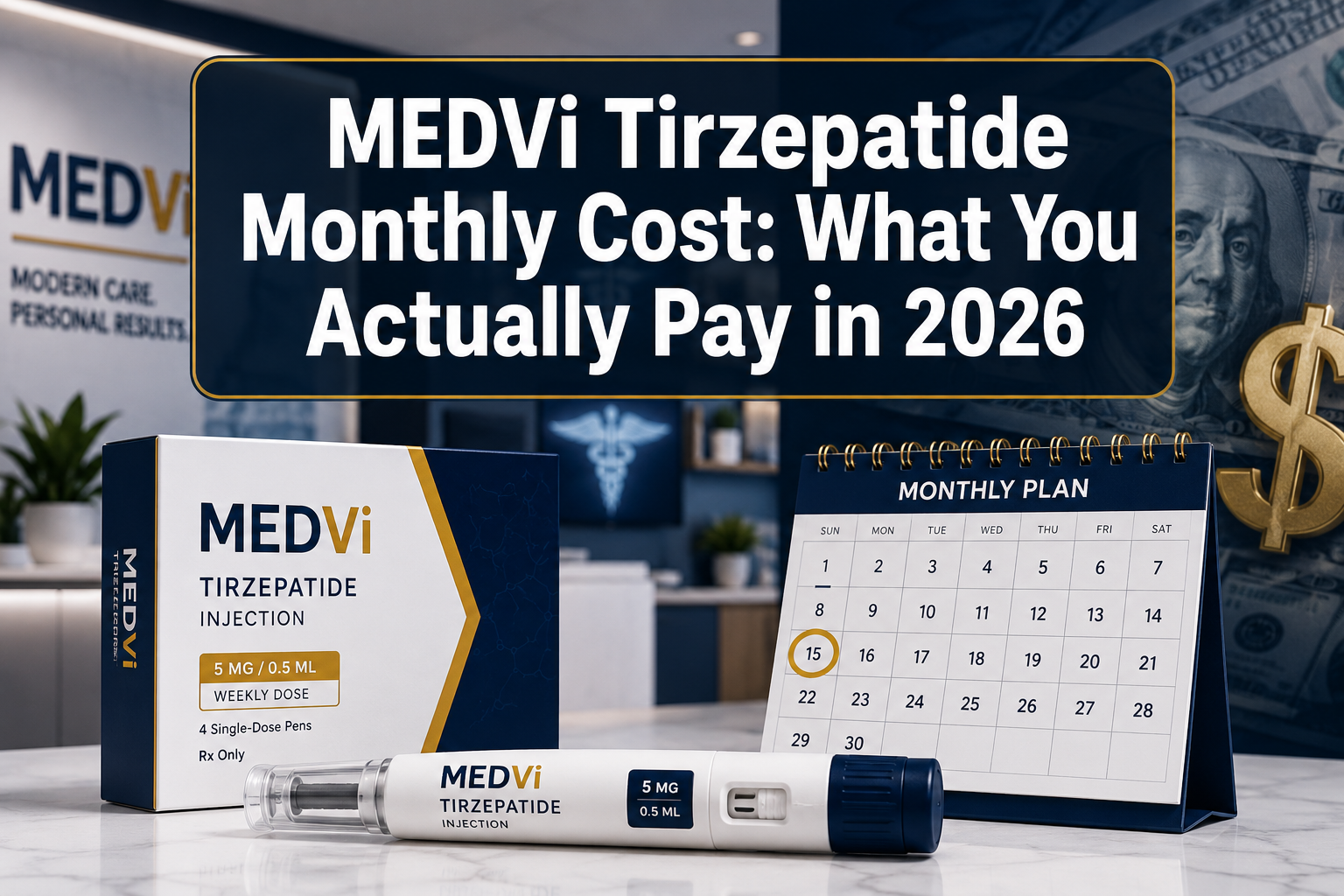 Professional () hero image with : 'MEDVi Tirzepatide Monthly Cost: What You Actually Pay in 2026' in extra large white with