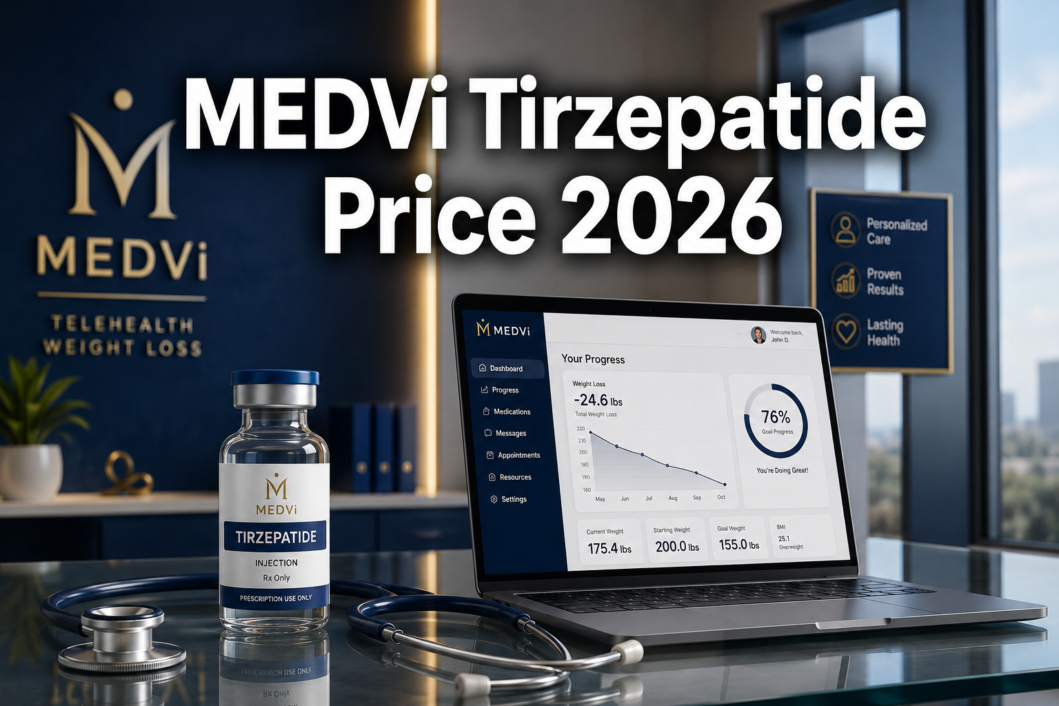 Professional () hero image with : 'MEDVi Tirzepatide Price 2026' in extra large white with dark drop , centered upper third.