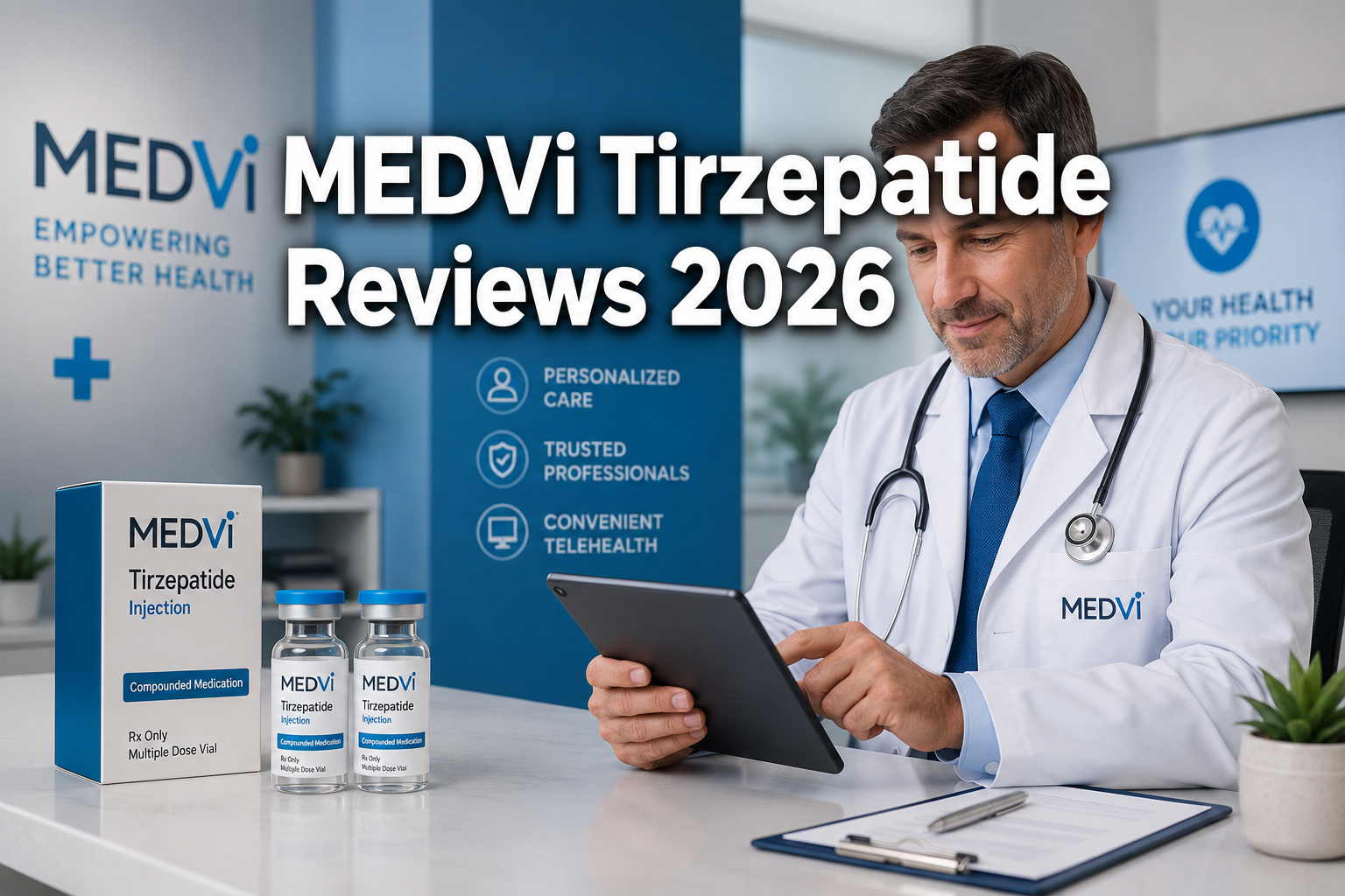 Professional () hero image with : 'MEDVi Tirzepatide Reviews 2026' in extra large white with dark drop , centered
