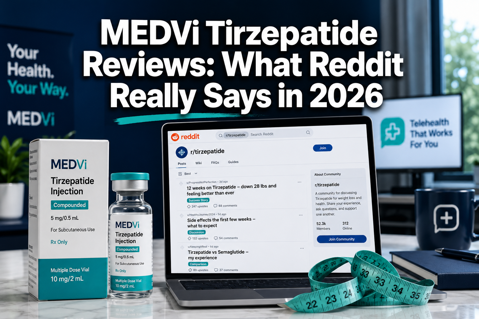 Professional () hero image with : 'MEDVi Tirzepatide Reviews: What Reddit Really Says in 2026' in extra large white with