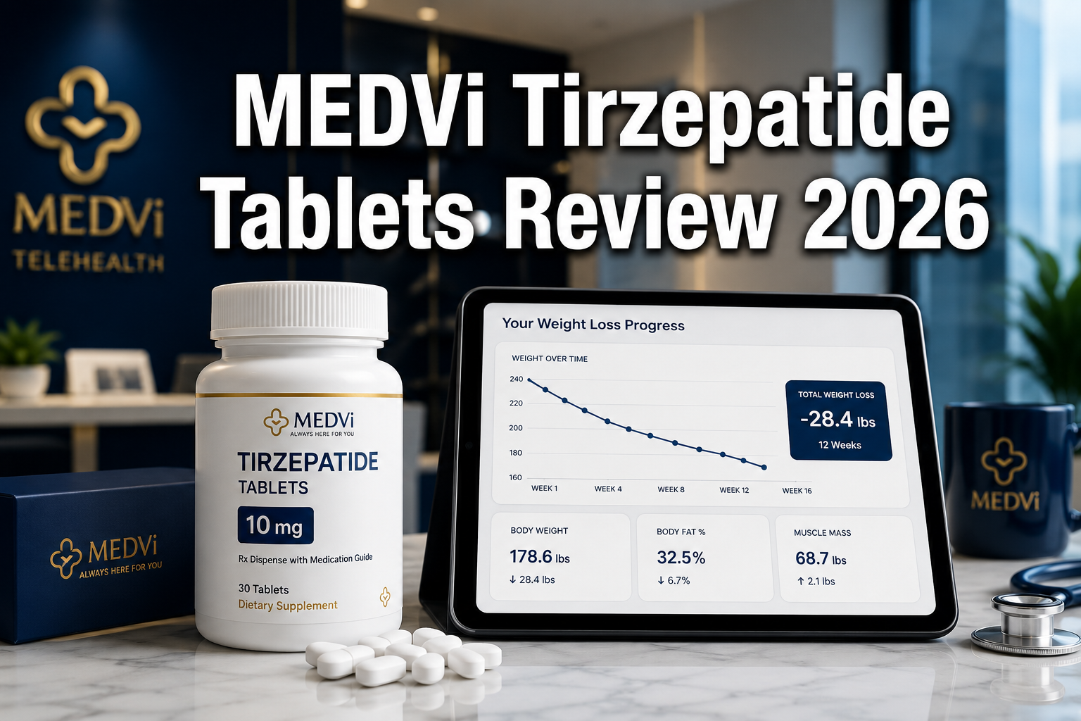 Professional () hero image with : 'MEDVi Tirzepatide Tablets Review 2026' in extra large white with dark drop , centered