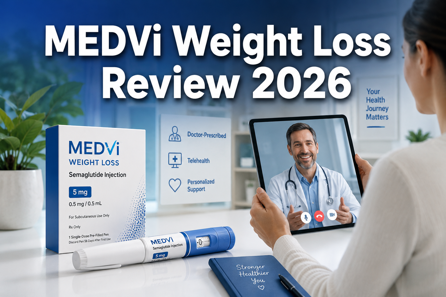 Professional () hero image with : 'MEDVi Weight Loss Review 2026' in extra large white with dark drop , centered upper