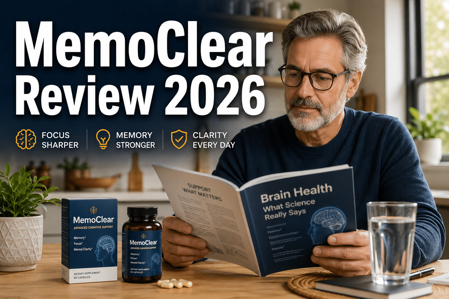 Professional () hero image with : 'MemoClear Review 2026' in extra large white with dark drop , centered upper third.