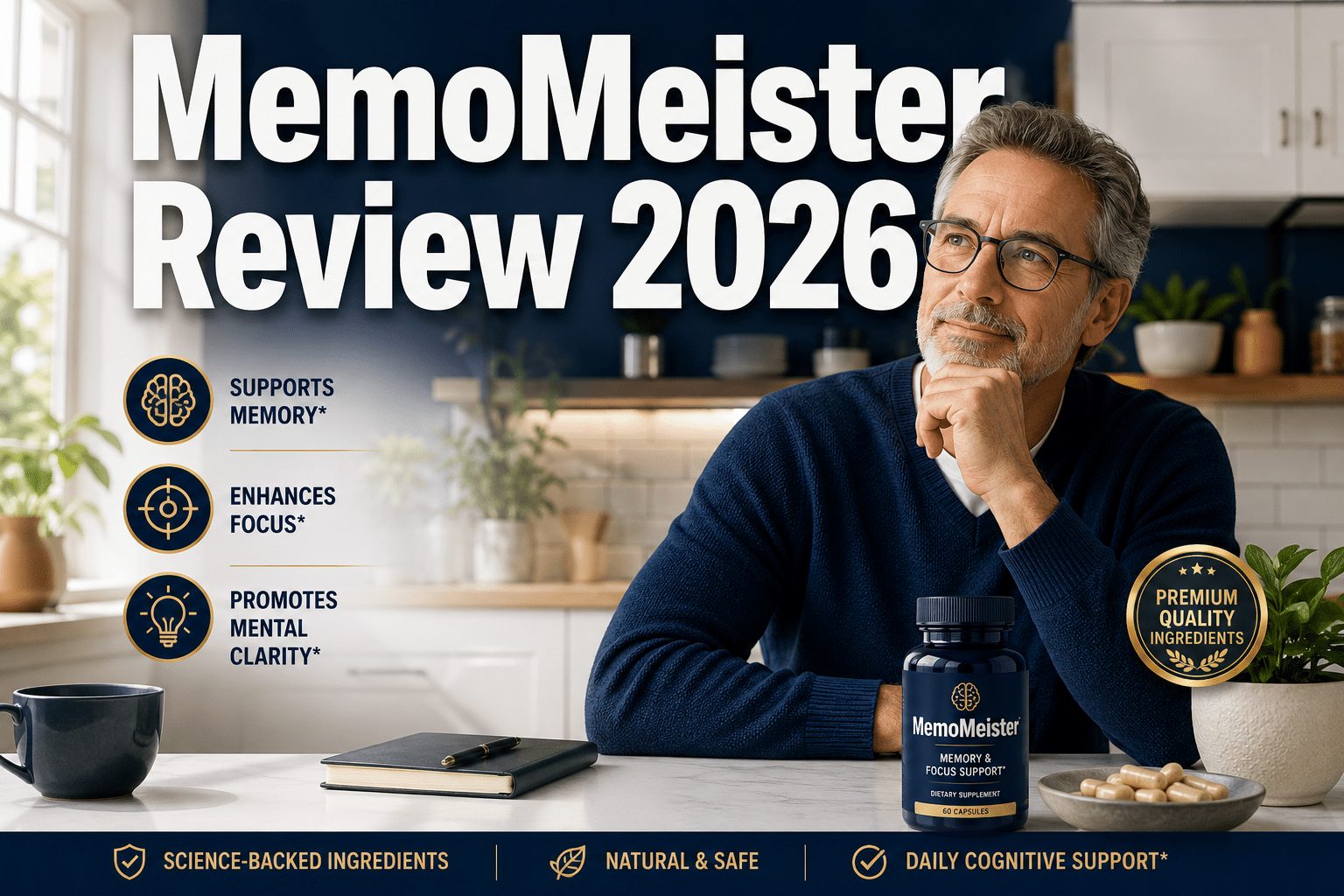 Professional () hero image with : 'MemoMeister Review 2026' in extra large white with dark drop , centered upper third.
