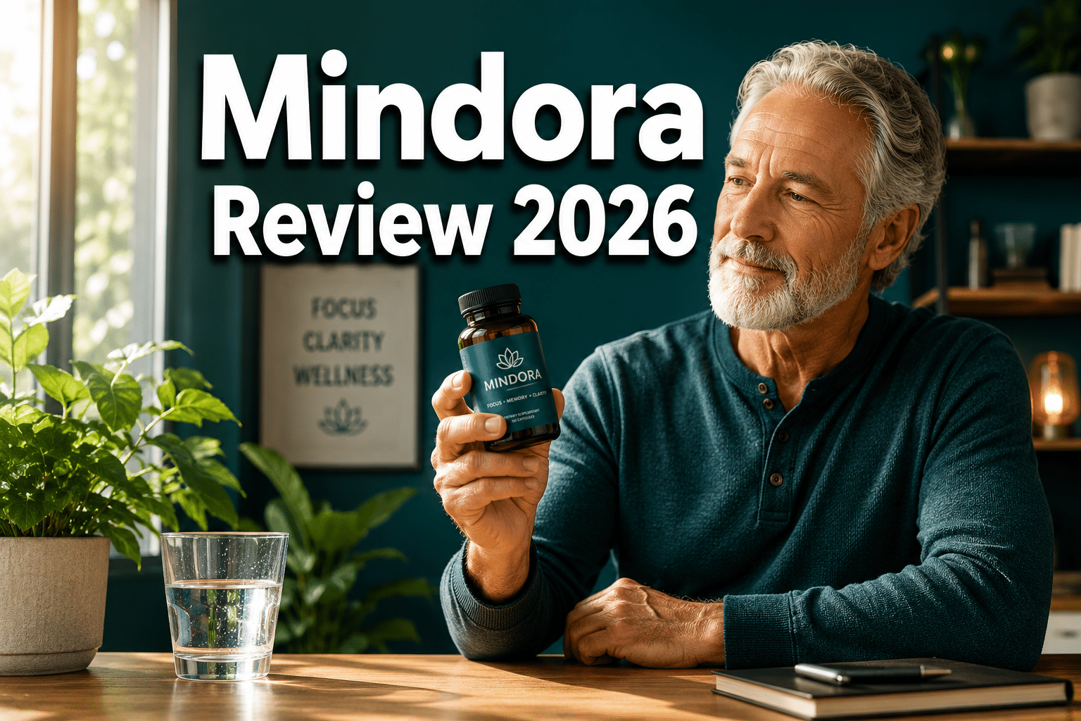 Professional () hero image with 'Mindora Review 2026' in extra large white with dark drop , centered upper third. Background