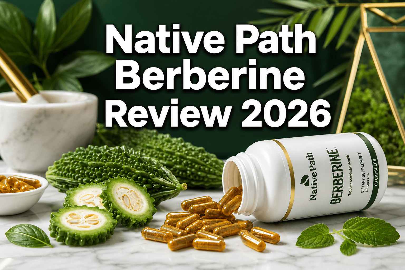 Professional () hero image with : 'Native Path Berberine Review 2026' in extra large white with dark drop , centered in