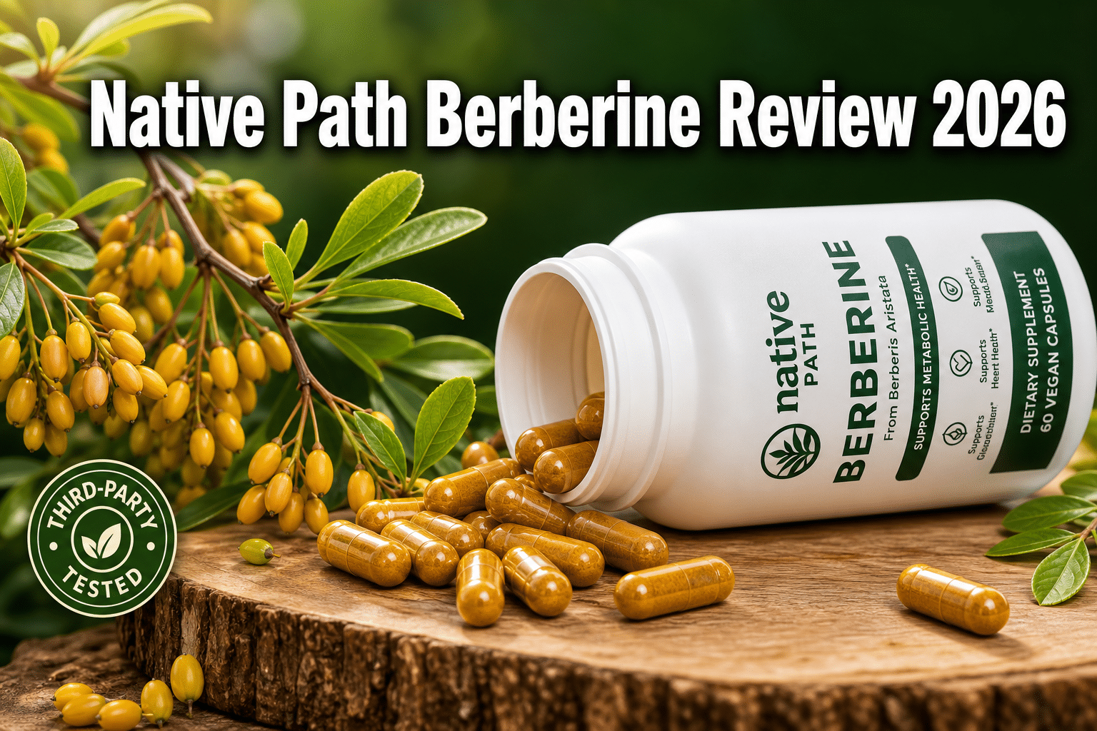 Professional () hero image with : 'Native Path Berberine Review 2026' in extra large white with dark drop , centered in