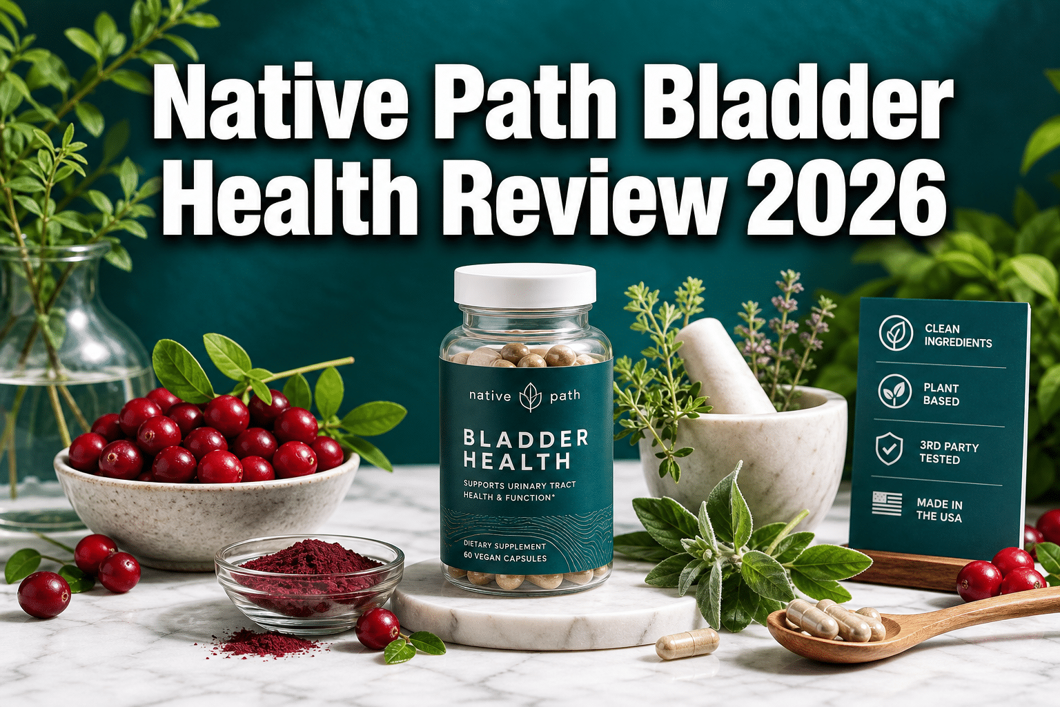 Professional () hero image with : 'Native Path Bladder Health Review 2026' in extra large white with deep effect, centered