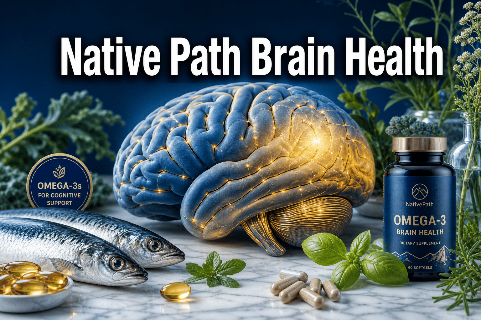 Professional () hero image with : 'Native Path Brain Health' in extra large white with dark drop , centered upper third.