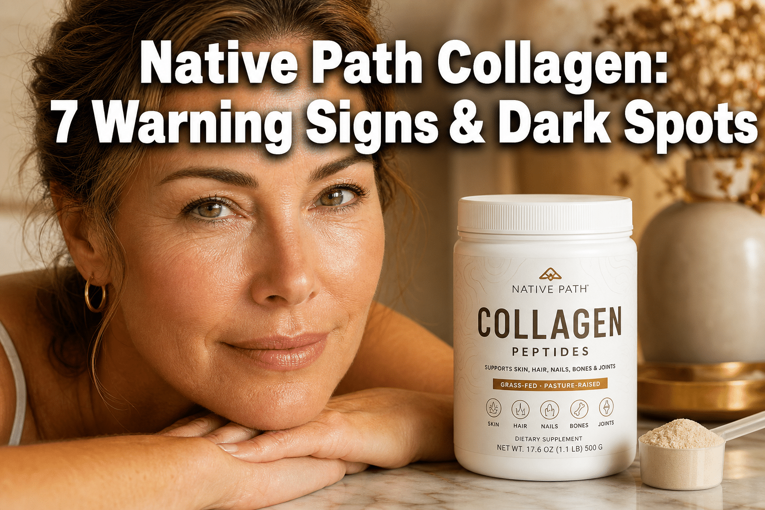 Professional () hero image with : 'Native Path Collagen: 7 Warning Signs & Dark Spots' in extra large white with deep