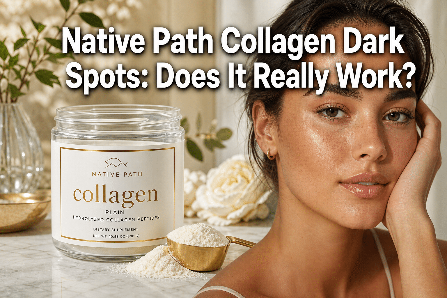 Professional () hero image with : 'Native Path Collagen Dark Spots: Does It Really Work?' in extra large white with dark