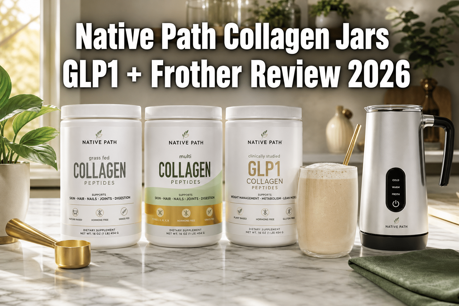 Professional () hero image with : 'Native Path Collagen Jars GLP1 + Frother Review 2026' in extra large white with dark drop