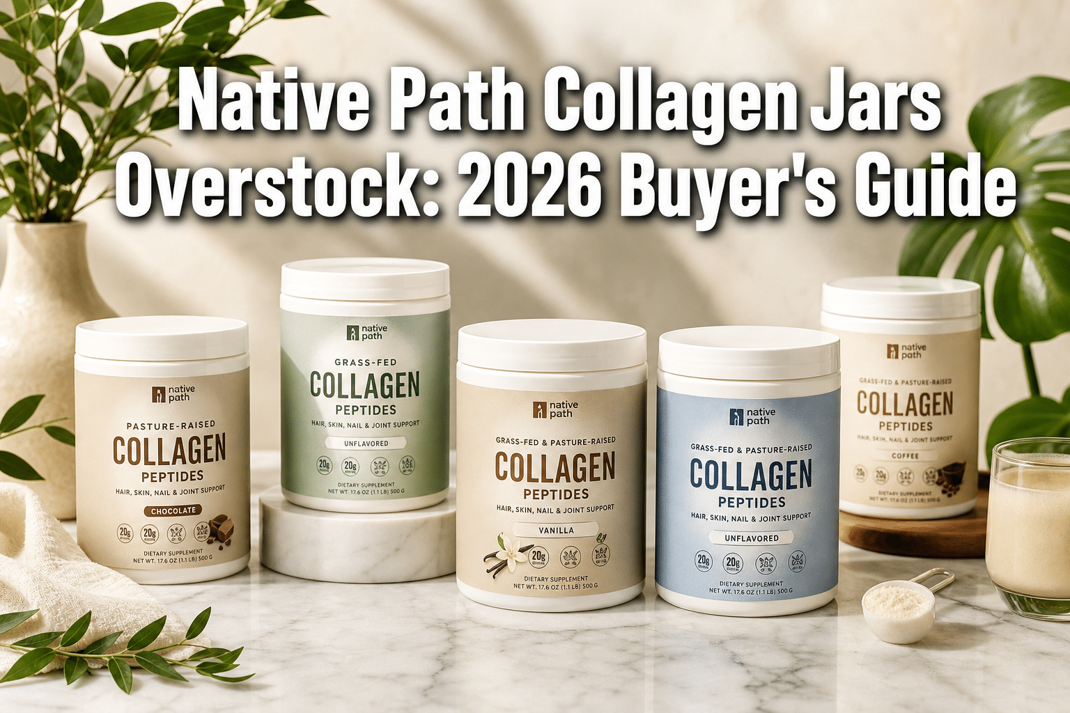 Professional () hero image with : 'Native Path Collagen Jars Overstock: 2026 Buyer's Guide' in extra large white with dark