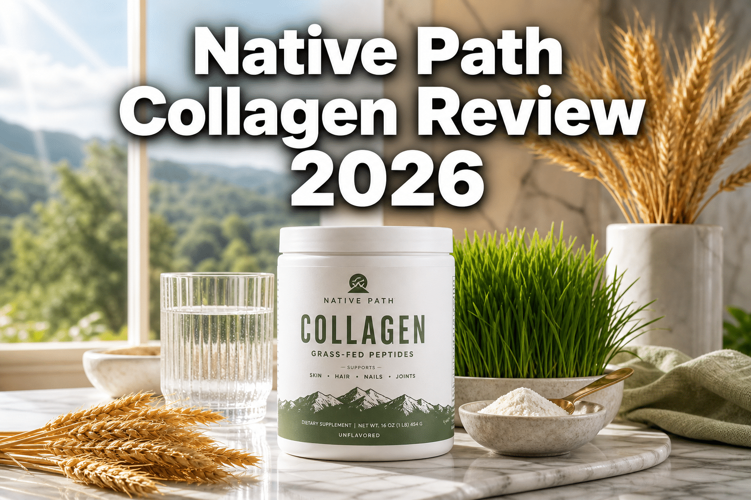 Professional () hero image with : 'Native Path Collagen Review 2026' in extra large white with dark drop , centered in upper