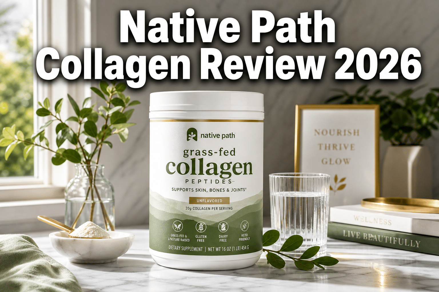 Professional () hero image with : 'Native Path Collagen Review 2026' in extra large white with dark drop , centered upper