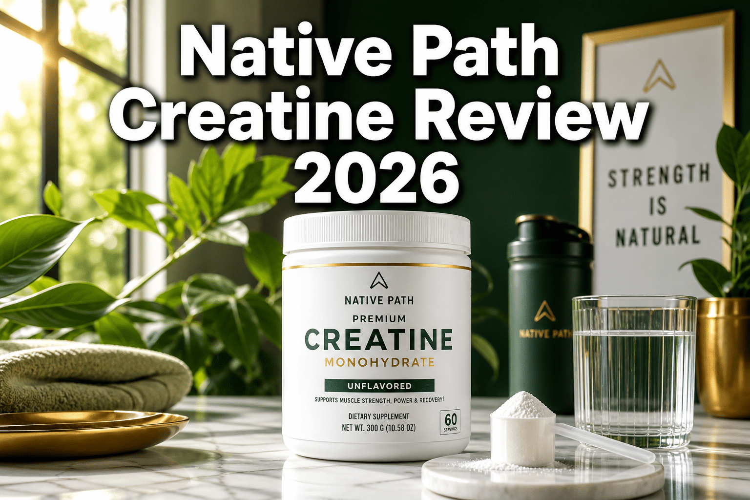 Professional () hero image with : 'Native Path Creatine Review 2026' in extra large white with dark drop , centered upper