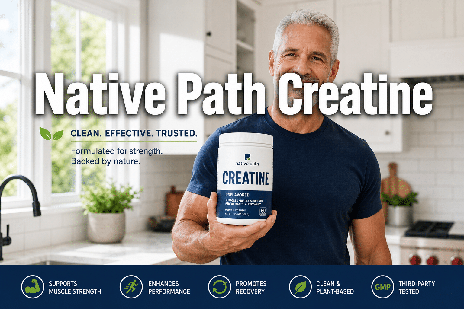 Professional () hero image with 'Native Path Creatine' in extra large white with dark drop , centered upper third.