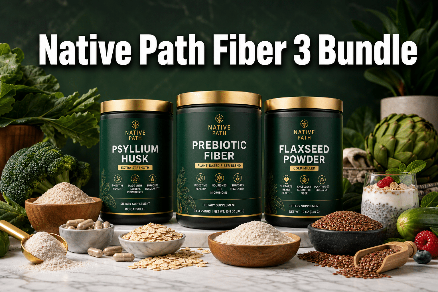 Professional () hero image with : 'Native Path Fiber 3 Bundle' in extra large white with dark drop , centered in upper