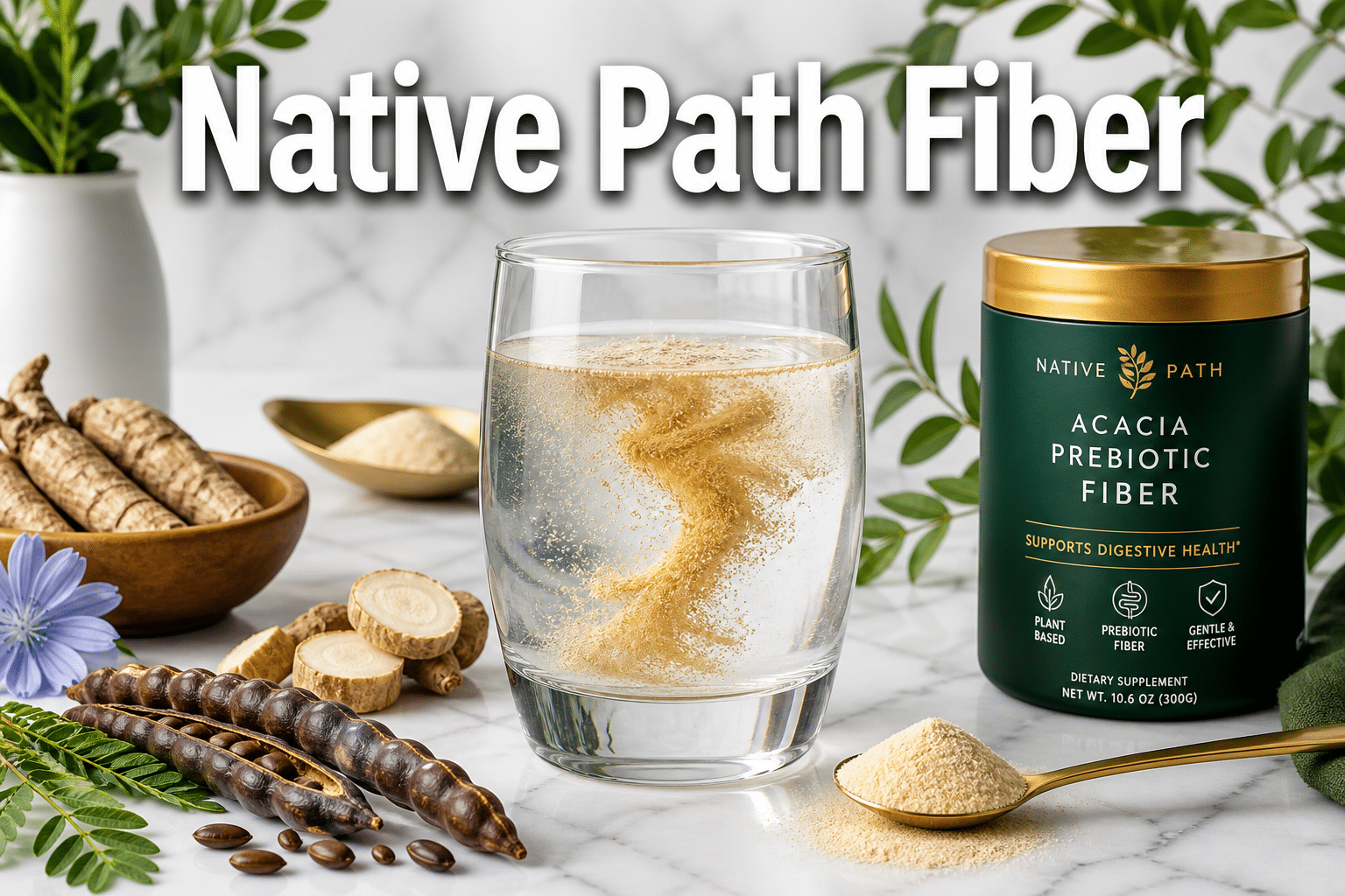 Professional () hero image with 'Native Path Fiber' in extra large white with dark drop , centered upper third. Background