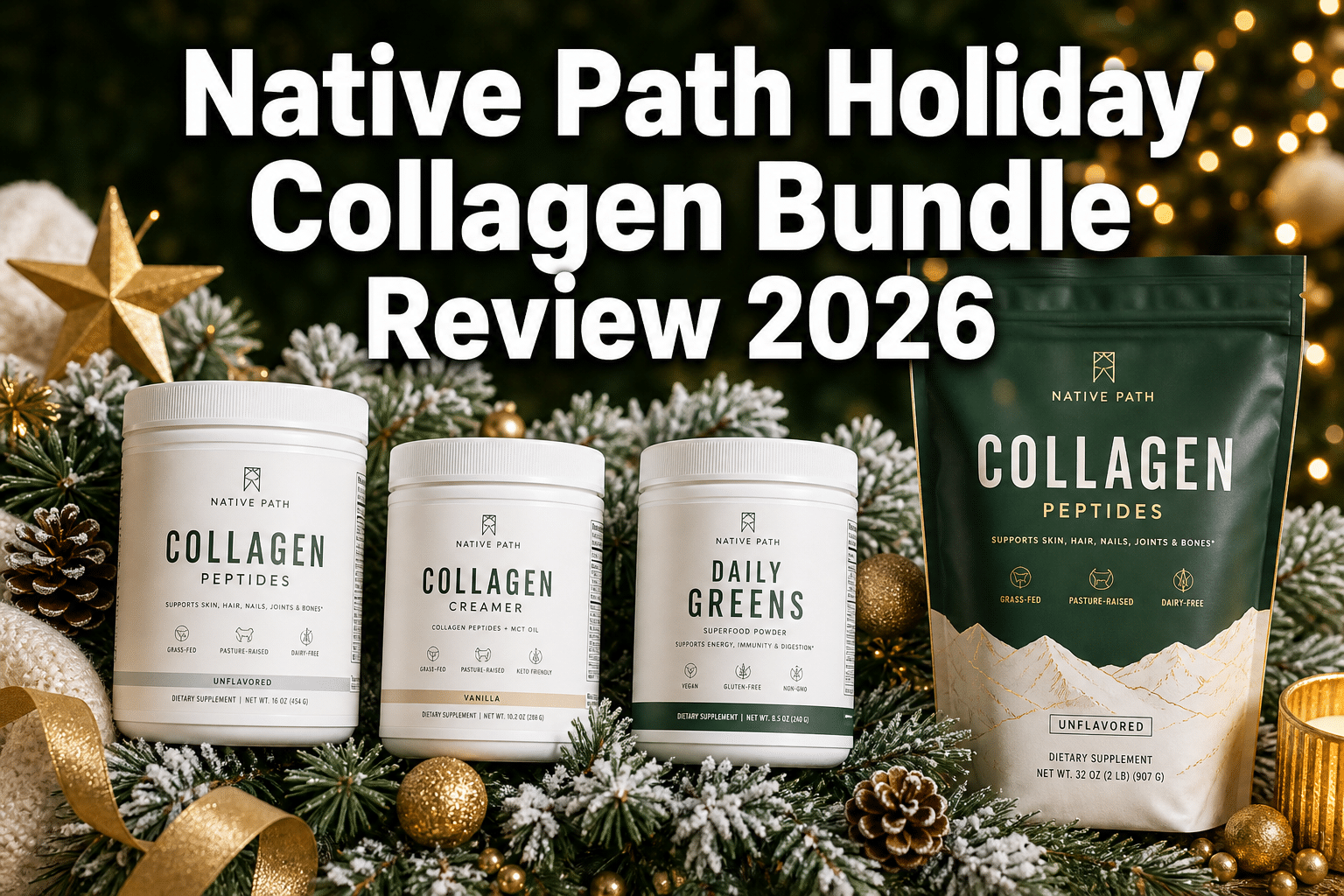 Professional () hero image with : 'Native Path Holiday Collagen Bundle Review 2026' in extra large white with deep effect,