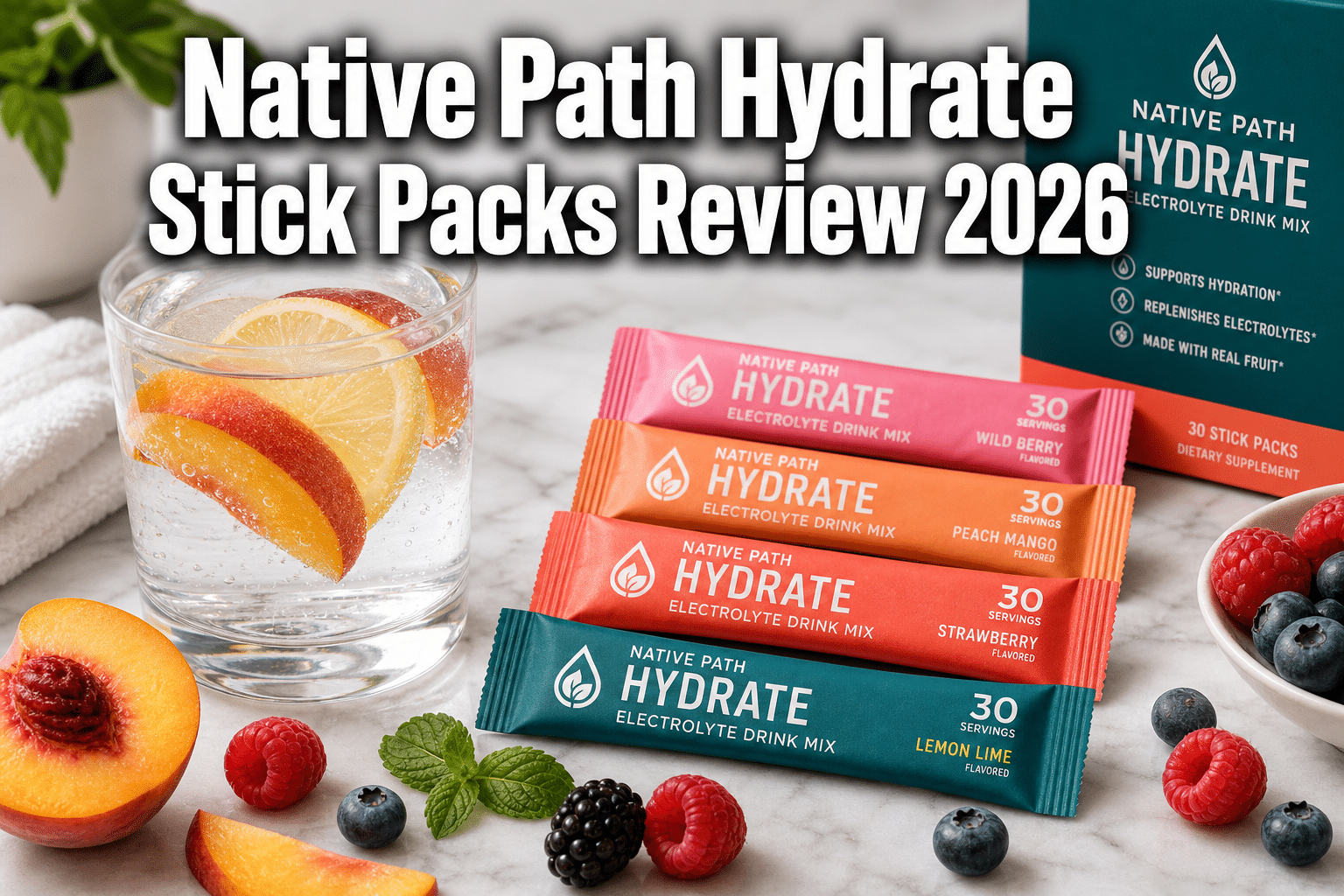 Professional () hero image with : 'Native Path Hydrate Stick Packs Review 2026' in extra large white with dark drop ,