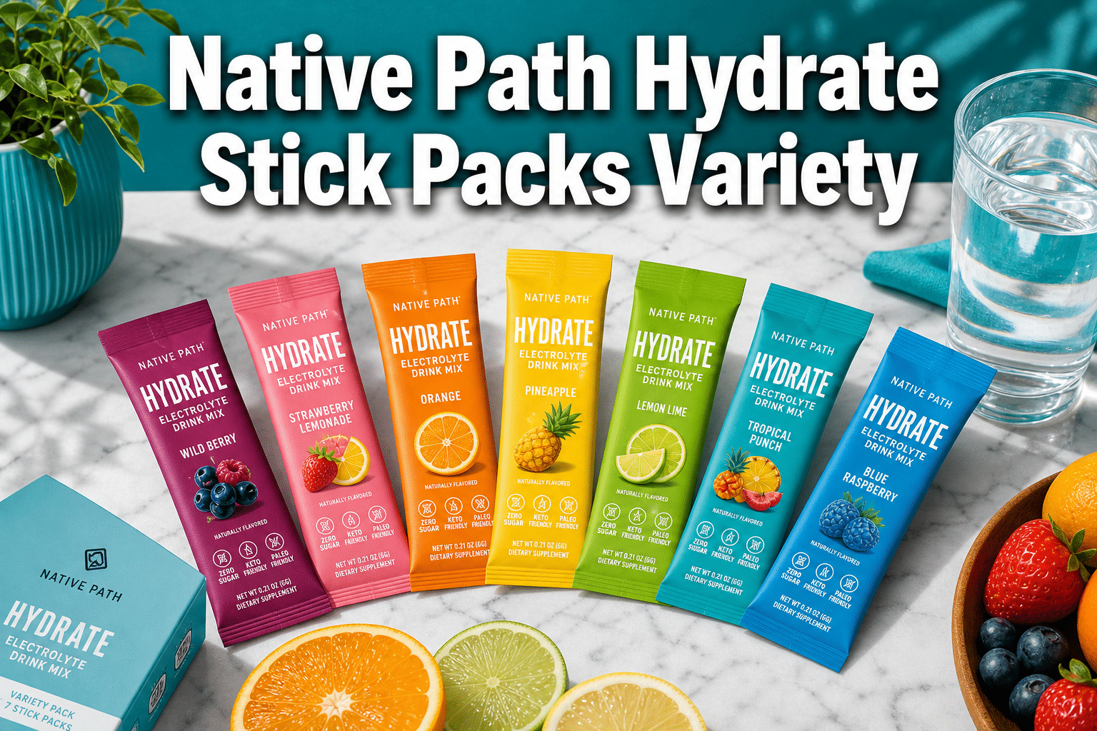 Professional () hero image with : 'Native Path Hydrate Stick Packs Variety' in extra large white with dark drop , centered