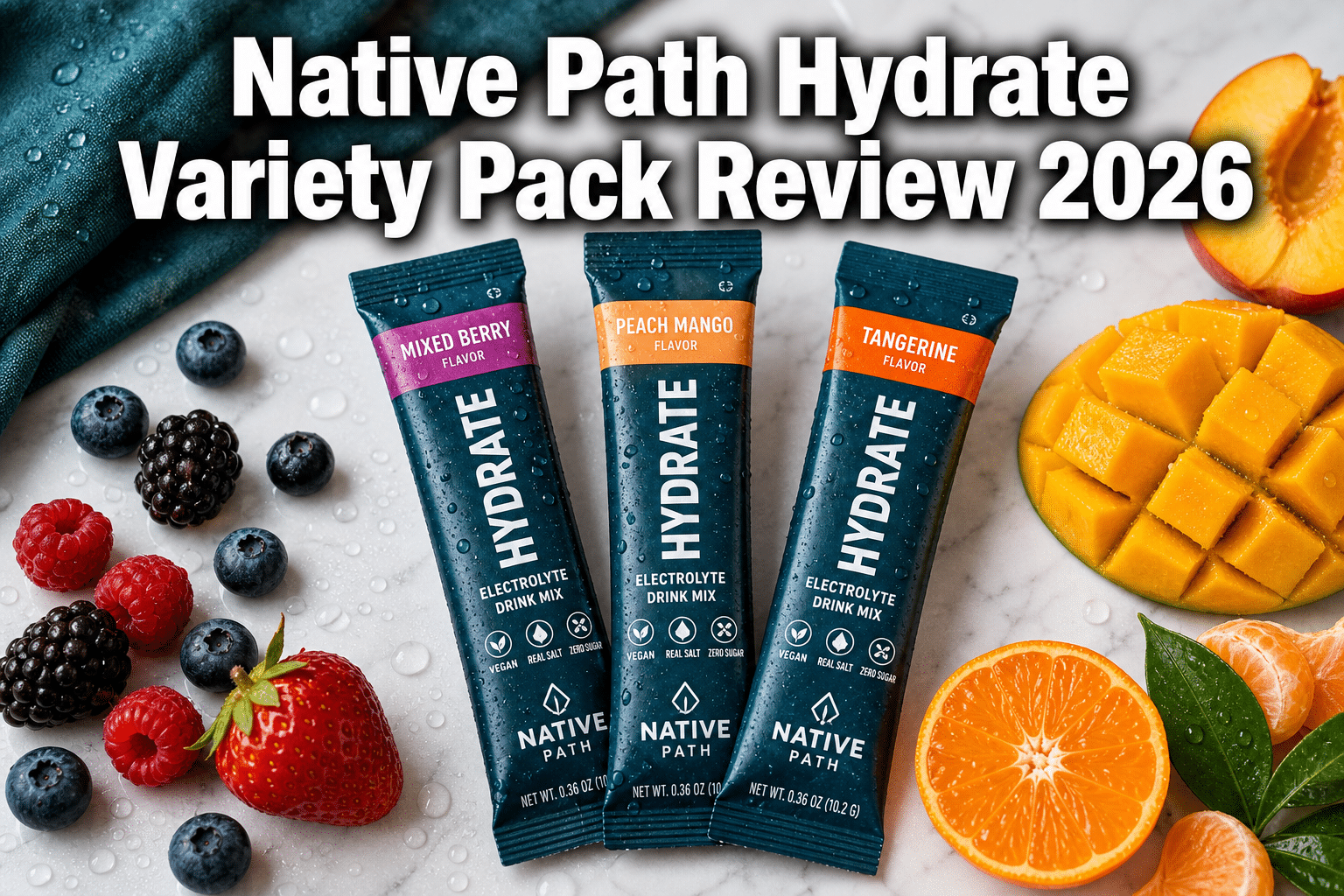 Professional () hero image with 'Native Path Hydrate Variety Pack Review 2026' in extra large white with dark drop ,