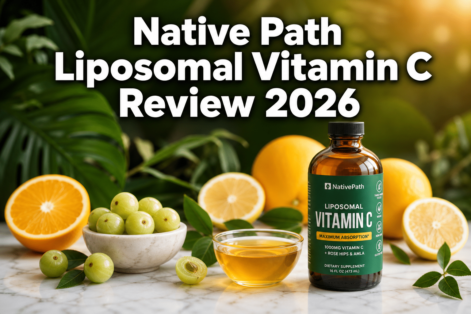Professional () hero image with : 'Native Path Liposomal Vitamin C Review 2026' in extra large white with dark drop ,