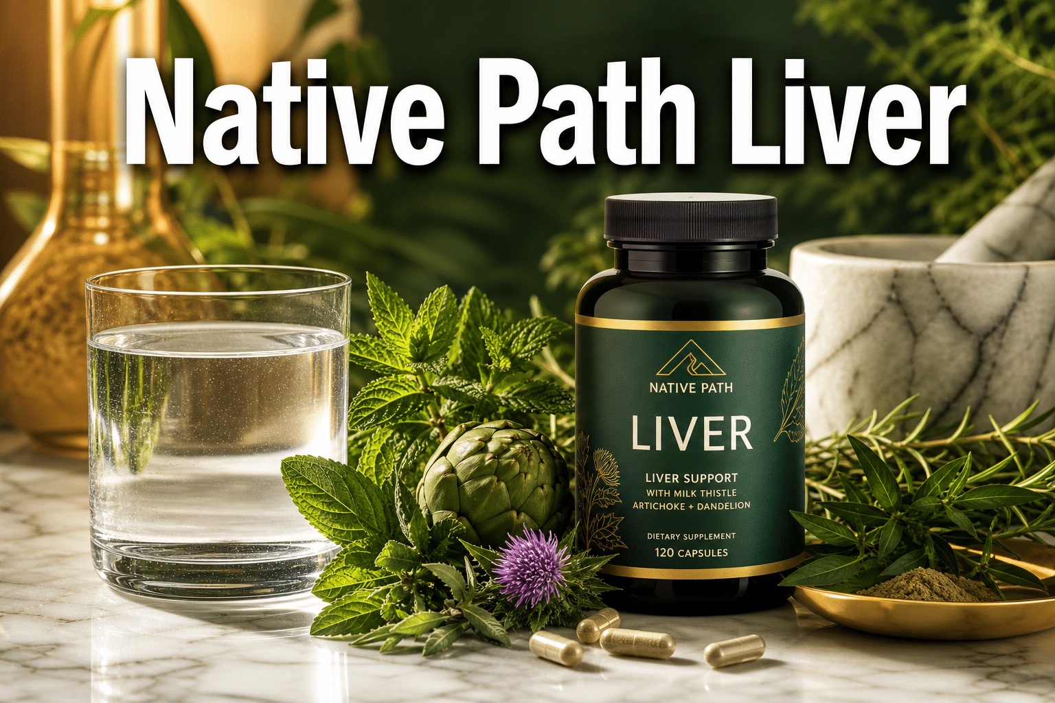 Professional () hero image with 'Native Path Liver' in extra large white with dark drop , centered upper third composition.